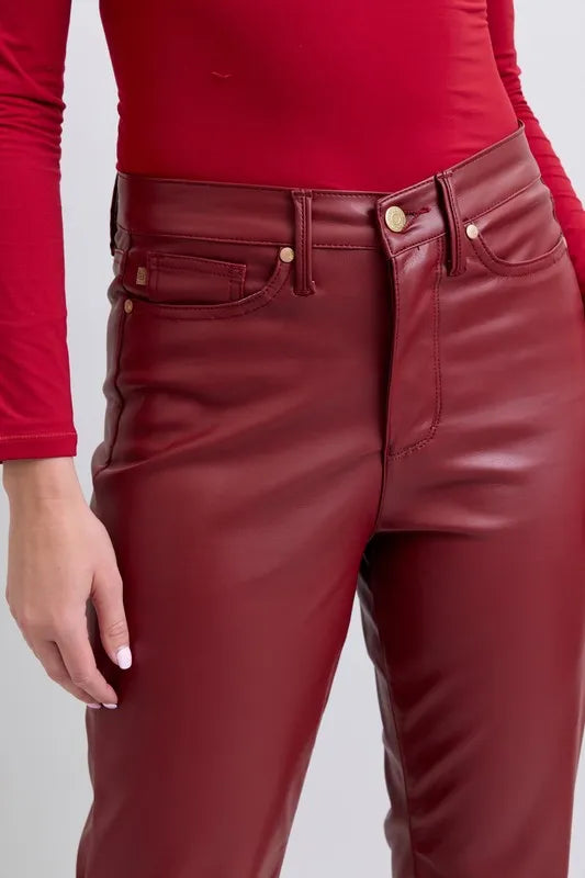 Red Judy Blue Full Size High Waist Tummy Control Faux Leather Straight Pants Plus Size