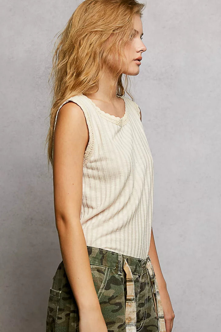 Pol Ribbed Round Neck Tank With Lace Trim 2