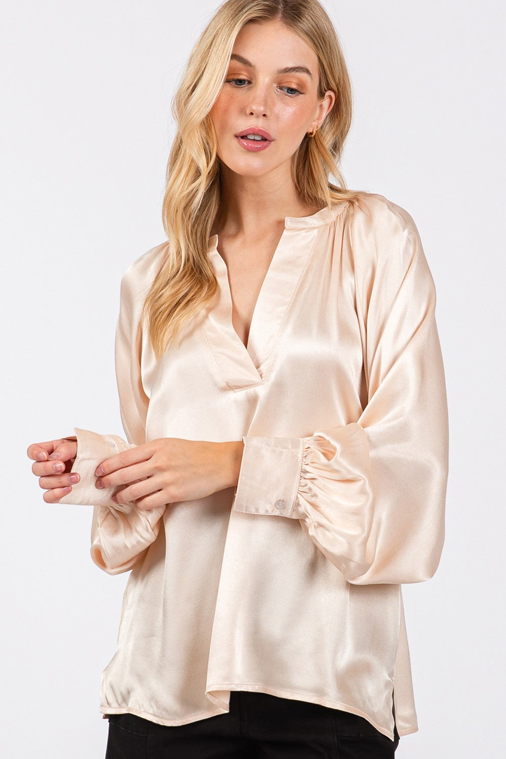Sage Fig Notched Long Sleeve Blouse