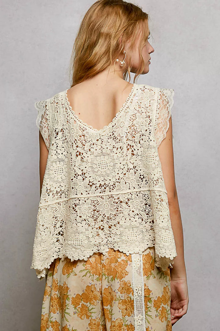 Pol Lace Trim Openwork V Neck Crochet Tank With Scalloped Edge