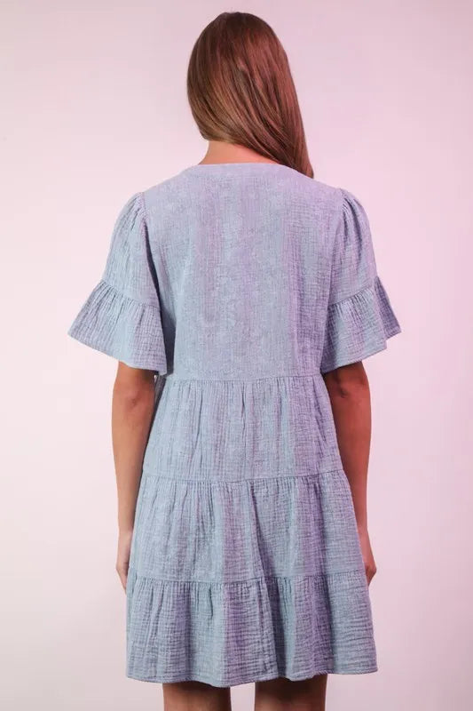 Denim Very J Mineral Washed Baby Bell Sleeve Woven Mini Dress