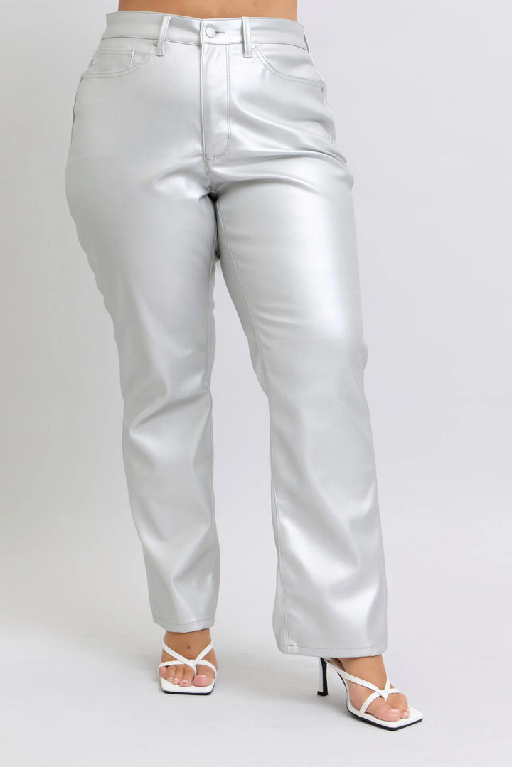 Metallic Silver Judy Blue Full Size High Waist Silver Faux Leather Pants Plus Size