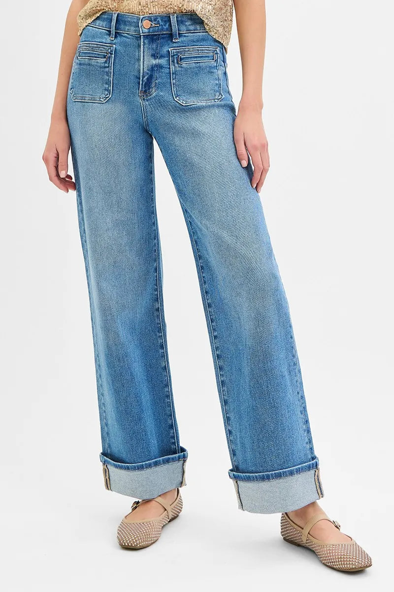 Medium Risen Full Size Elastic Band Mid Rise Wide Front Patch Pocket Cuff Jeans Plus Size