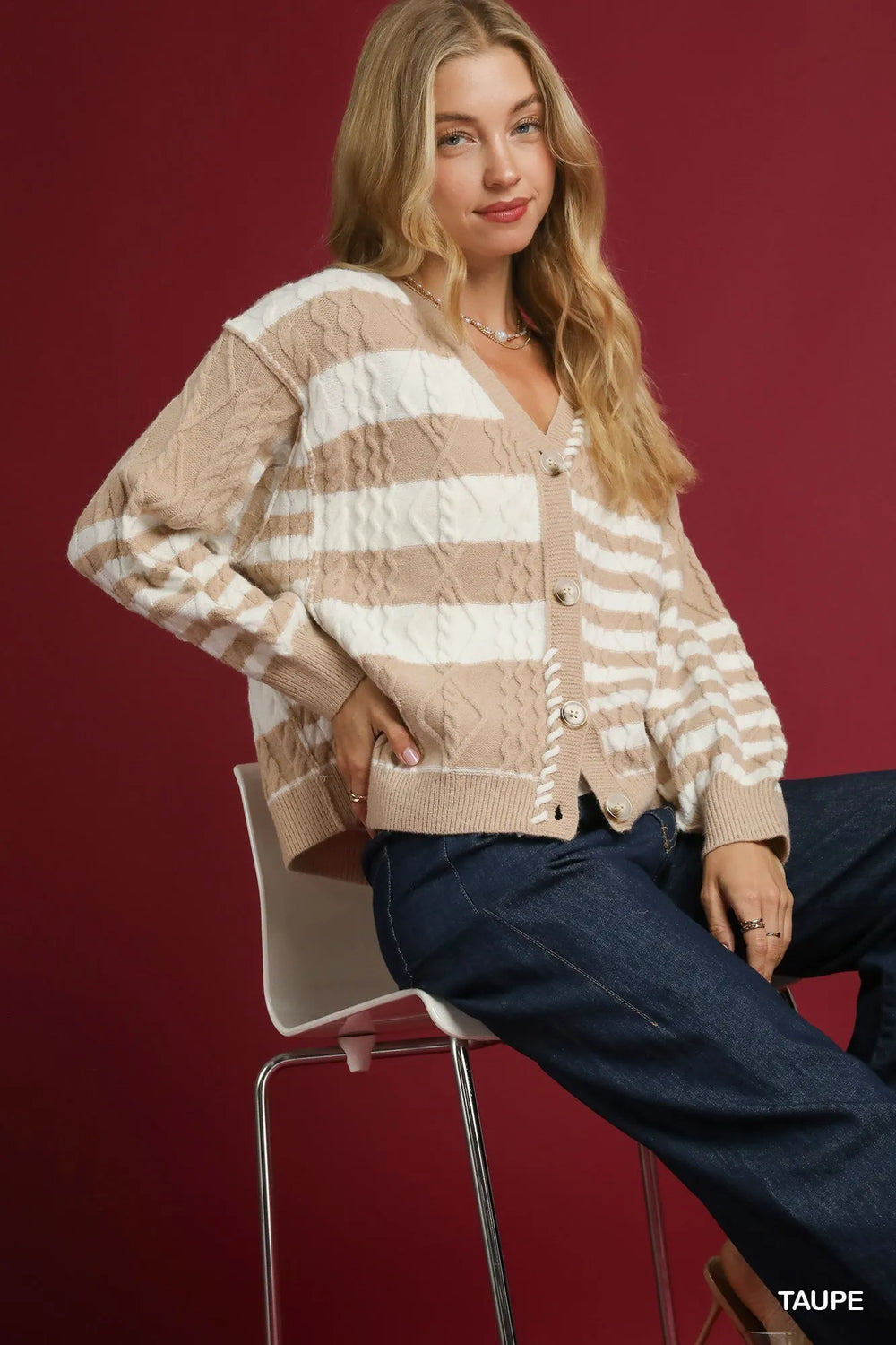 Taupe Umgee Cable Knit Stripe Button Up Cardigan 1