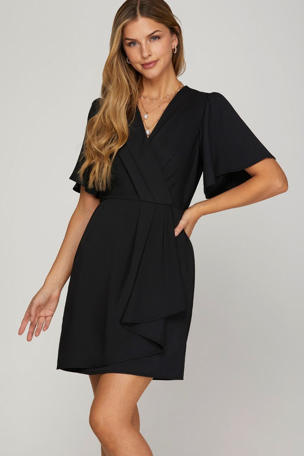 Black She Sky Ruffled Surplice Short Flutter Sleeve Mini Dress