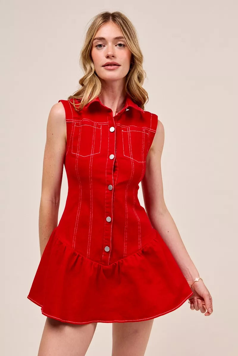 Red So Me Button Down Sleeveless Collared Game Day Mini Dress