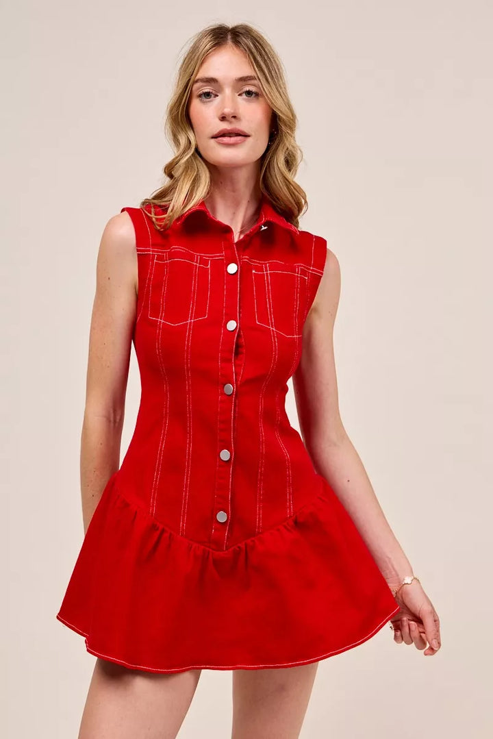 Red So Me Button Down Sleeveless Collared Game Day Mini Dress