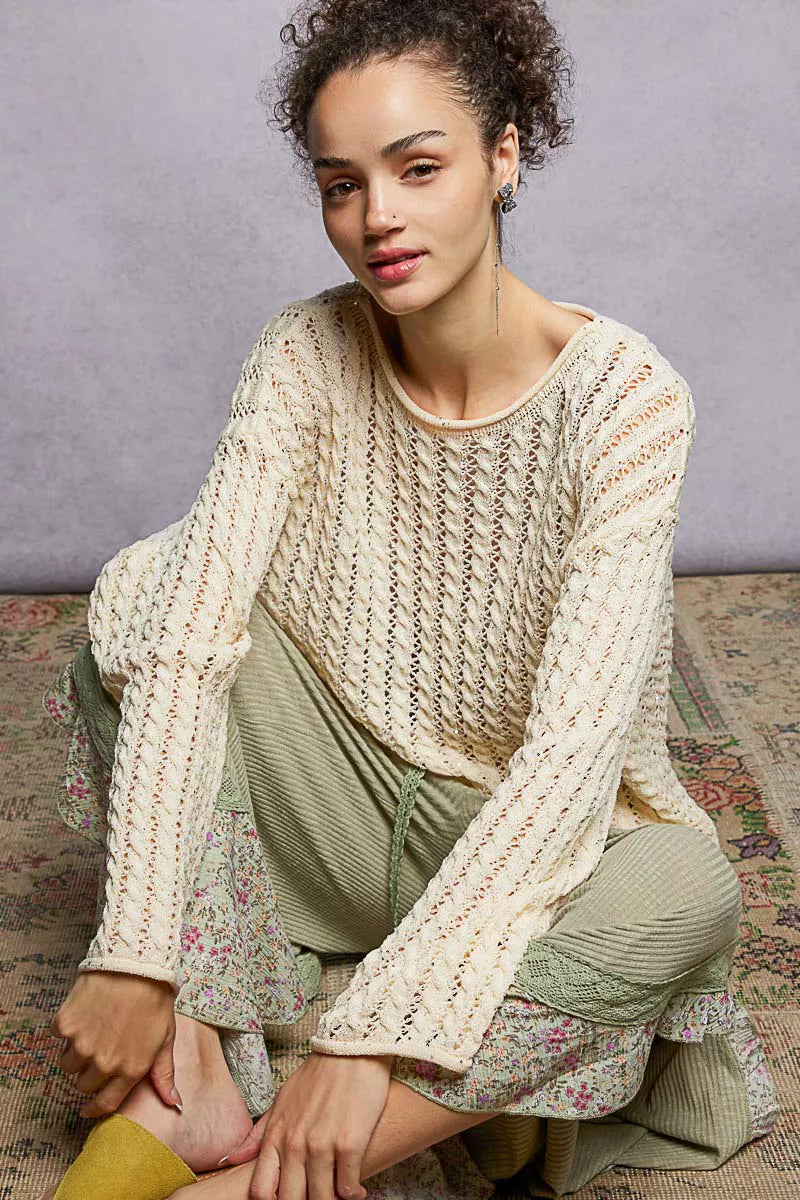 Natural Pol Openwork Round Neck Knit Top With Shiny Detail