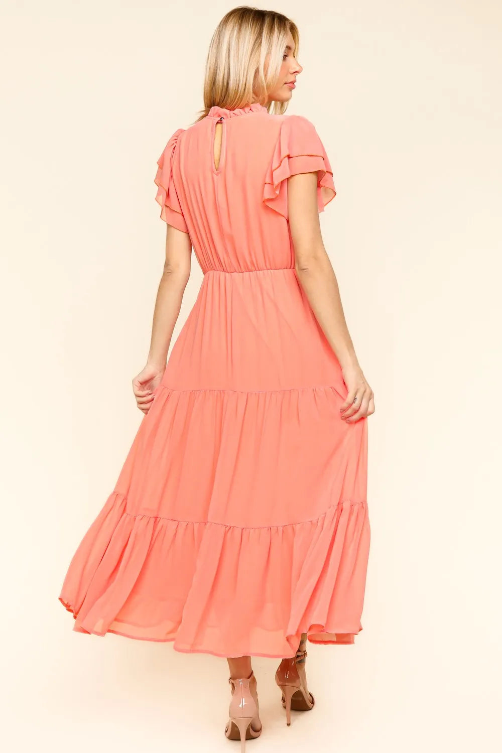 Peach Haptics Full Size Tiered Frill Mock Neck Short Sleeve Dress