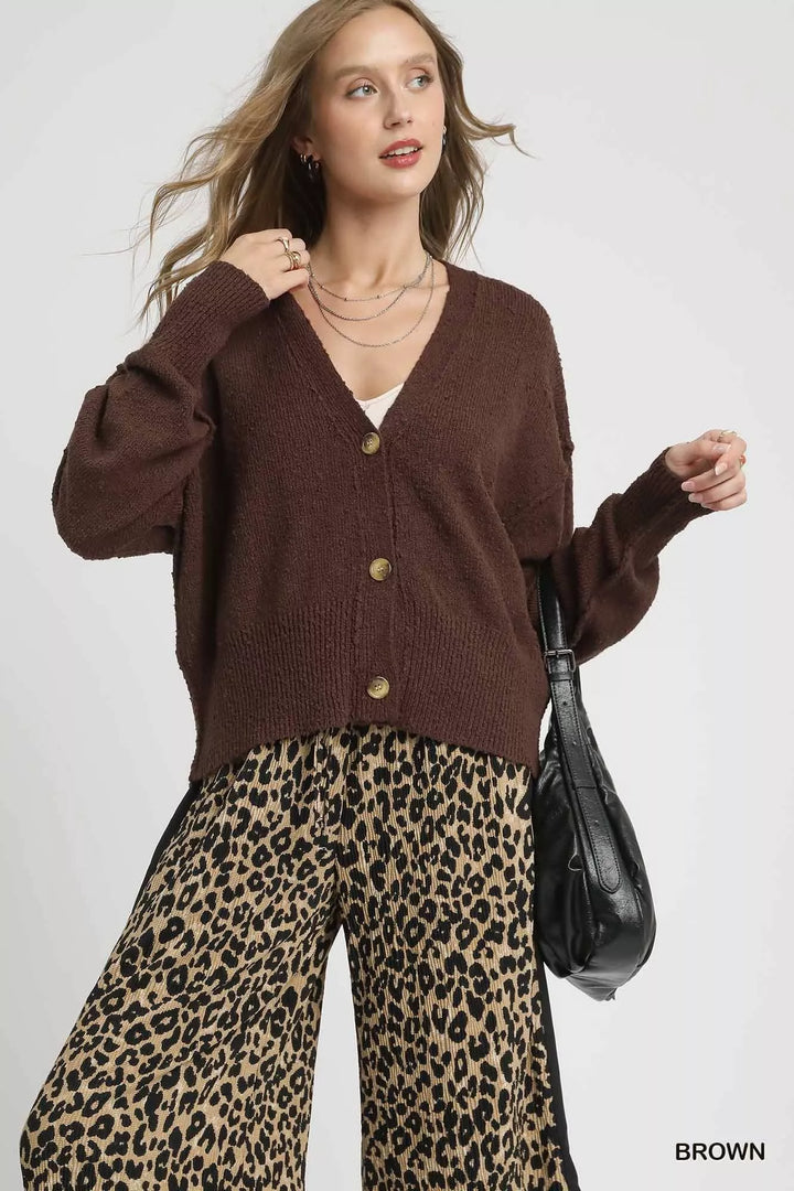 Brown Umgee Button Front V Neck Knit Cardigan 1