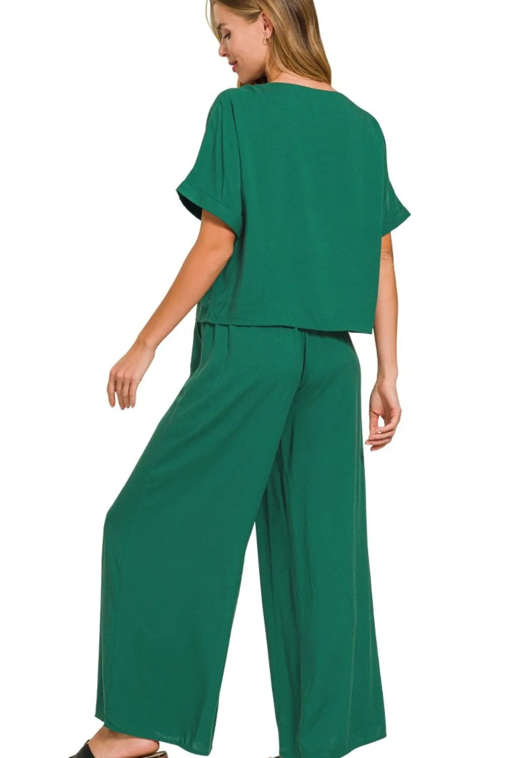 Dk Green Zenana Round Neck T Shirt And Wide Leg Pants Set 4