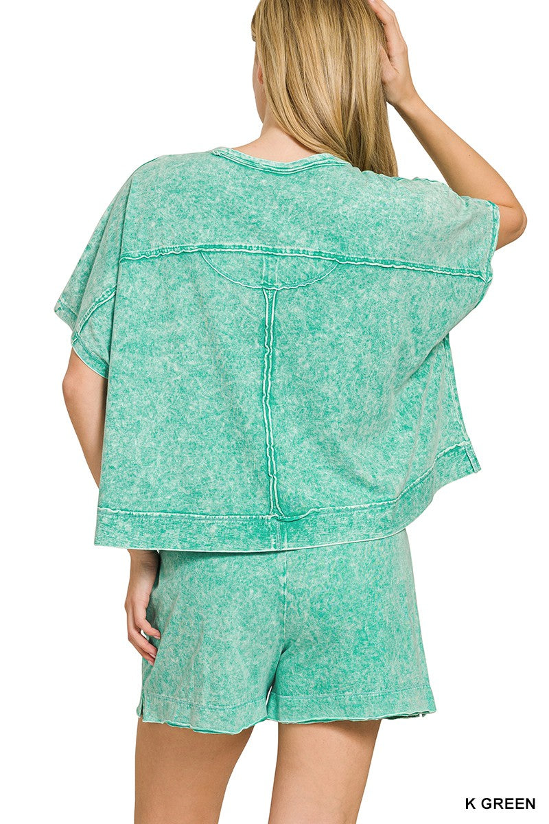 K Green Zenana Halo Snow Washed Boxy Top Shorts Set