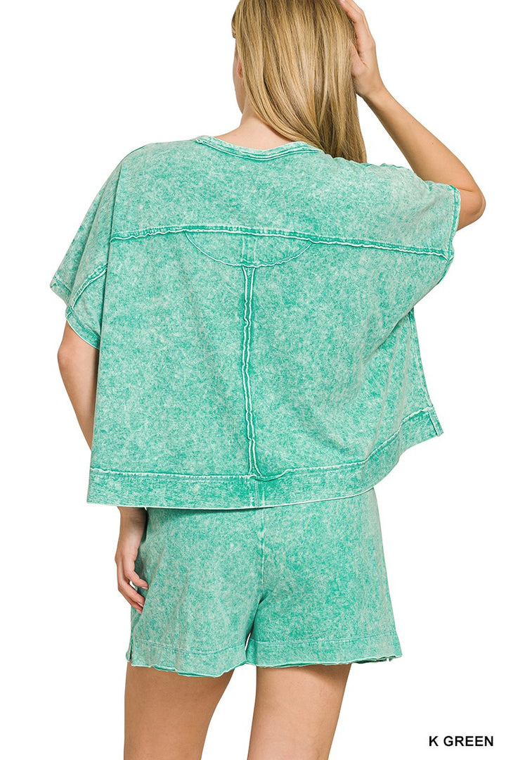 K Green Zenana Halo Snow Washed Boxy Top Shorts Set