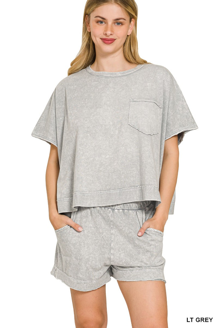 Lt Grey Zenana Halo Snow Washed Boxy Top Shorts Set 4