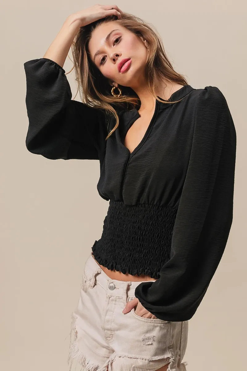 Black Bibi Smoking Waist Band And Puff Sleeves Deep V Neck Top 1