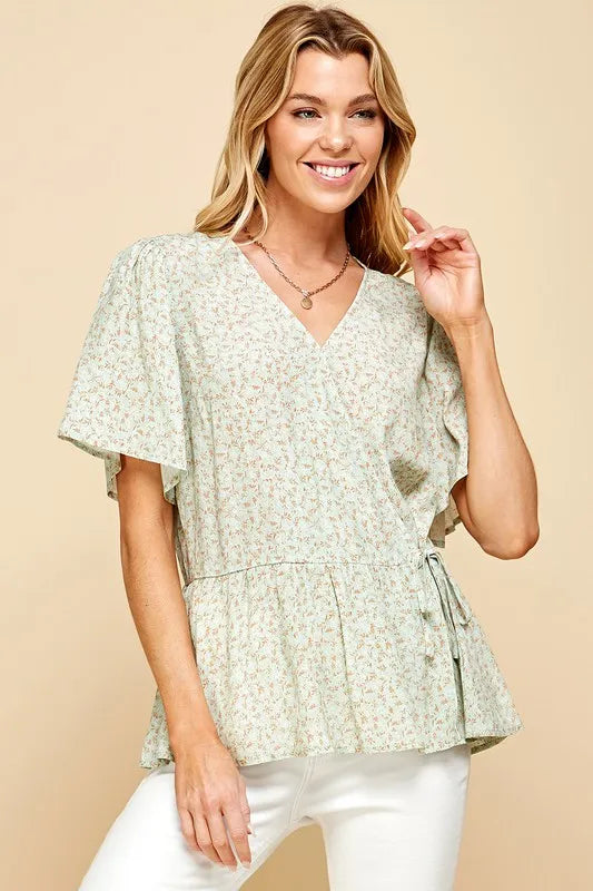 Sage/Ginger Lime N Chili Ditsy Print V Neck Short Sleeve Wrap Blouse