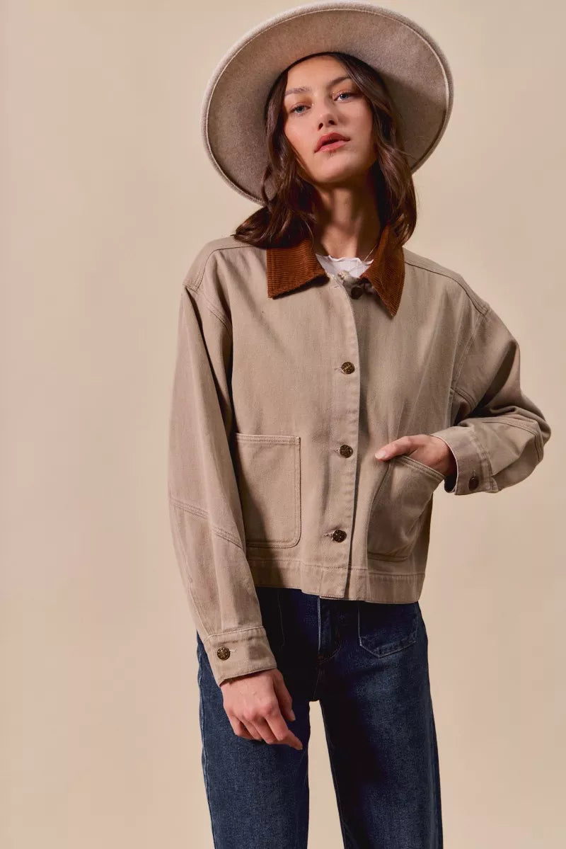 Taupe So Me Cotton Twill Cropped Barn Jacket Wtih Collar