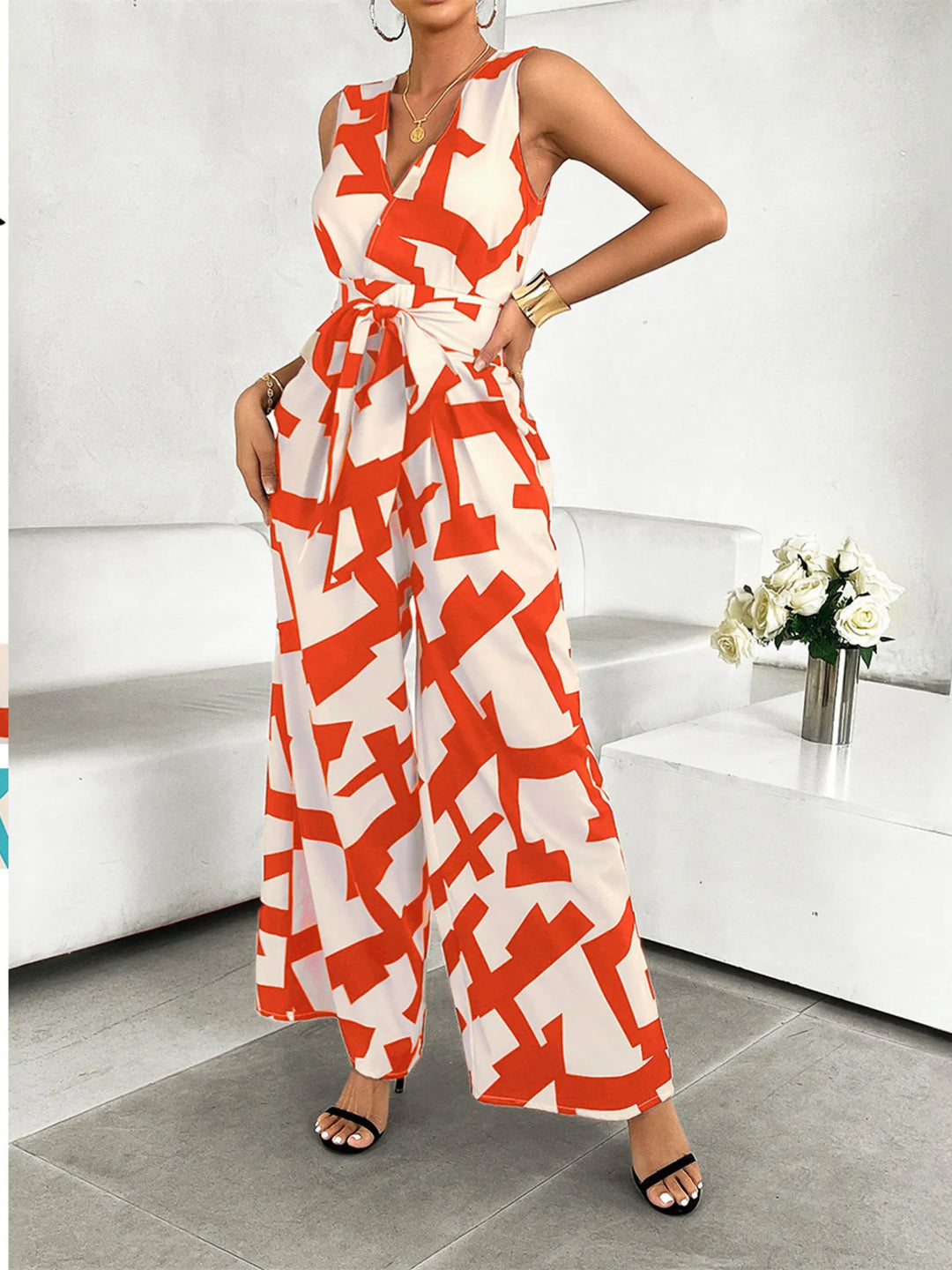 Orange Printed Wide Leg Jumpsuit