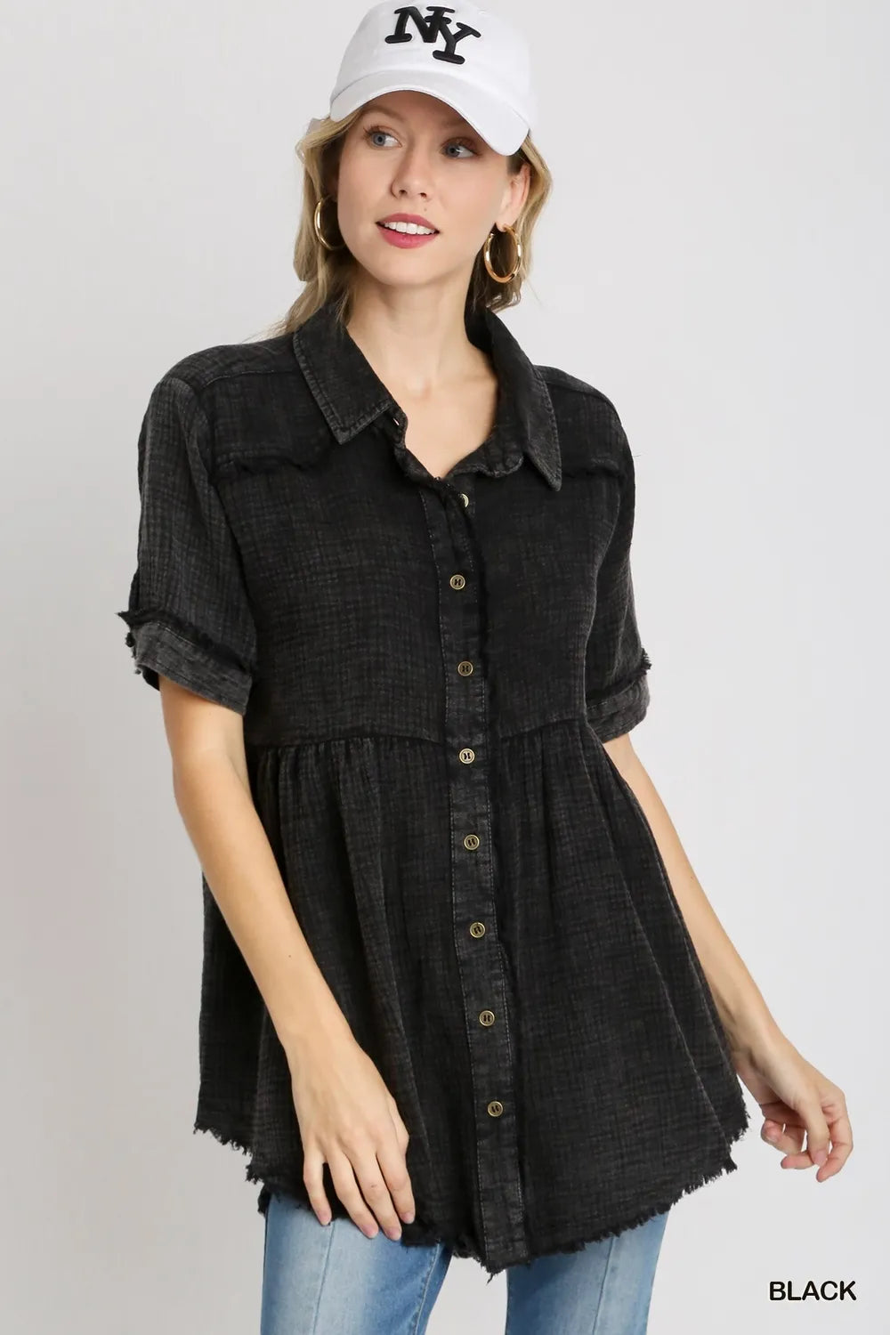Black Umgee Full Size Cotton Gauze Button Front Shirt Plus Size