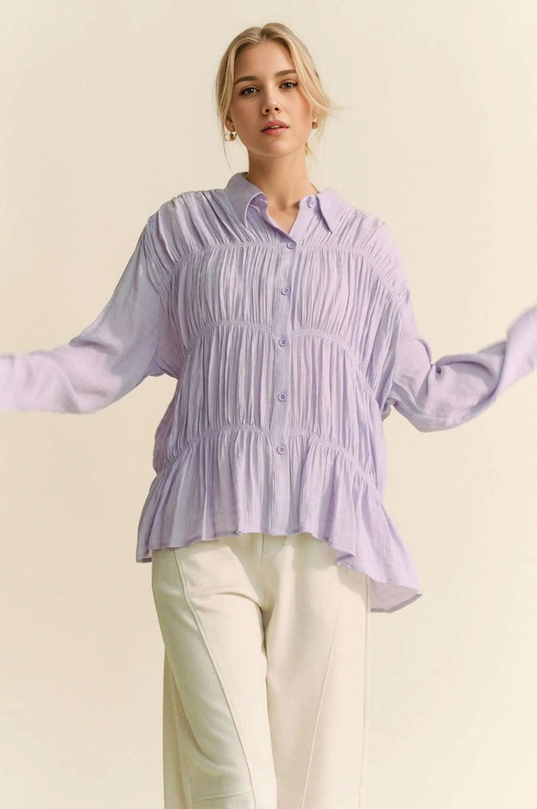 Lilac Davi Dani Ruched All Over Button Front Shirt 1