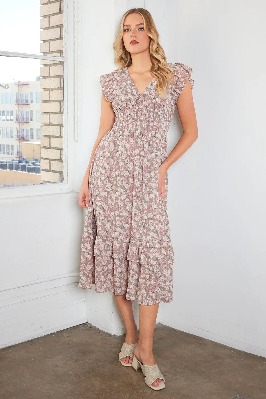 Mauve Mittoshop Flower Print Ruffle Cap Sleeve V Neck Midi Dress