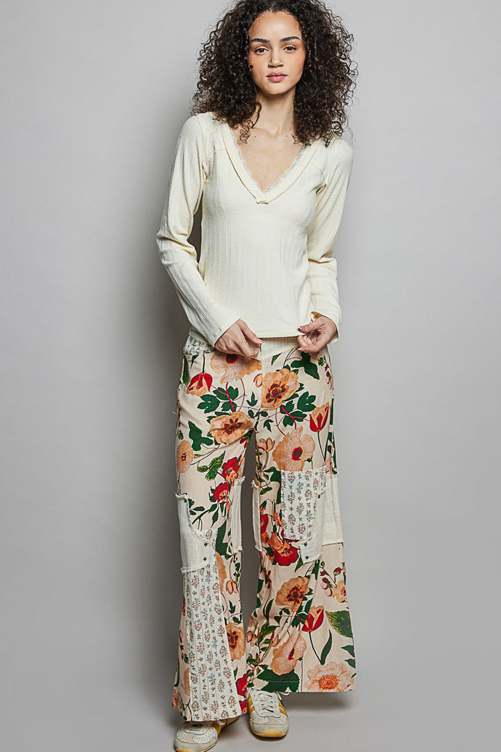 Pol V Neck Long Sleeve Ribbed Top With Lace Accent Neckband