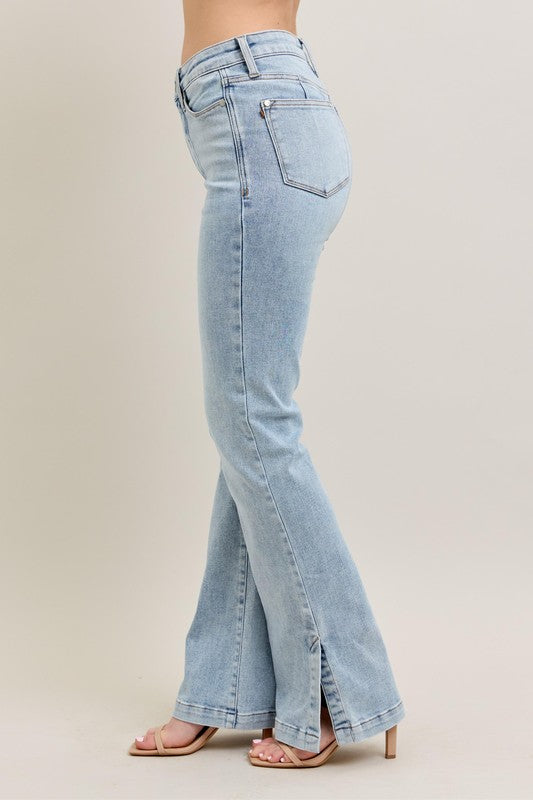 Light Judy Blue Full Size Tummy Control Vintage Wash Side Slit Slim Boot Jeans Plus Size