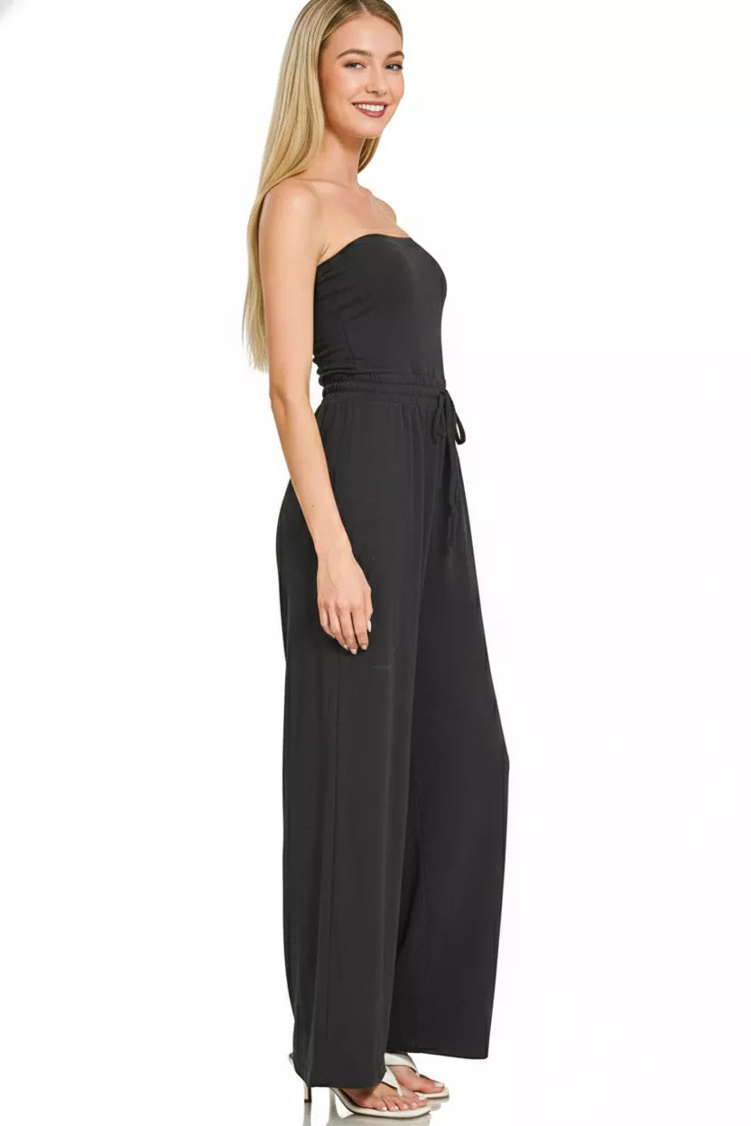 Black Zenana Tube Top Jumpsuit With Drawstring Waist 1