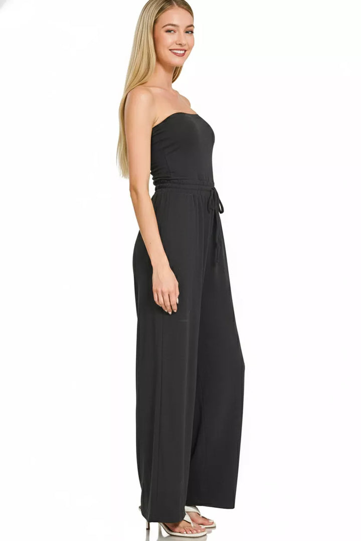 Black Zenana Tube Top Jumpsuit With Drawstring Waist 1