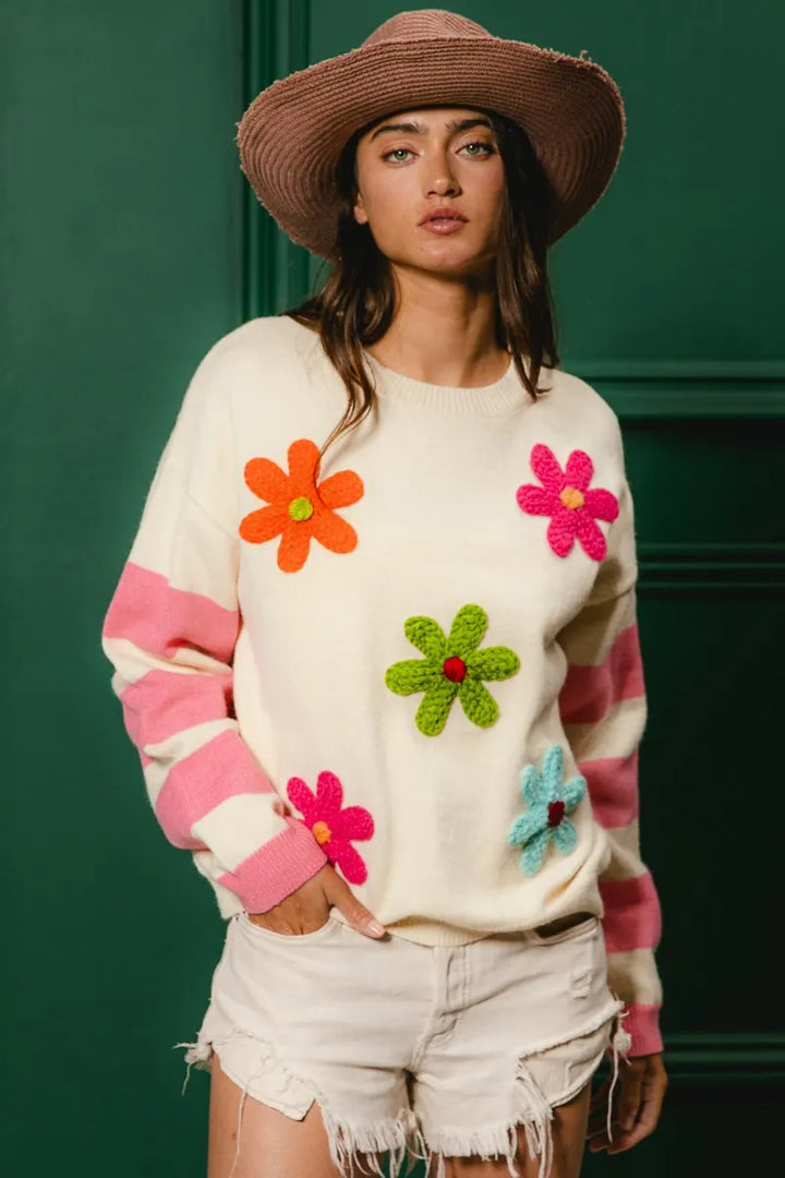 Bibi Colorful Floral Patched Sweater With Striped Sleeve