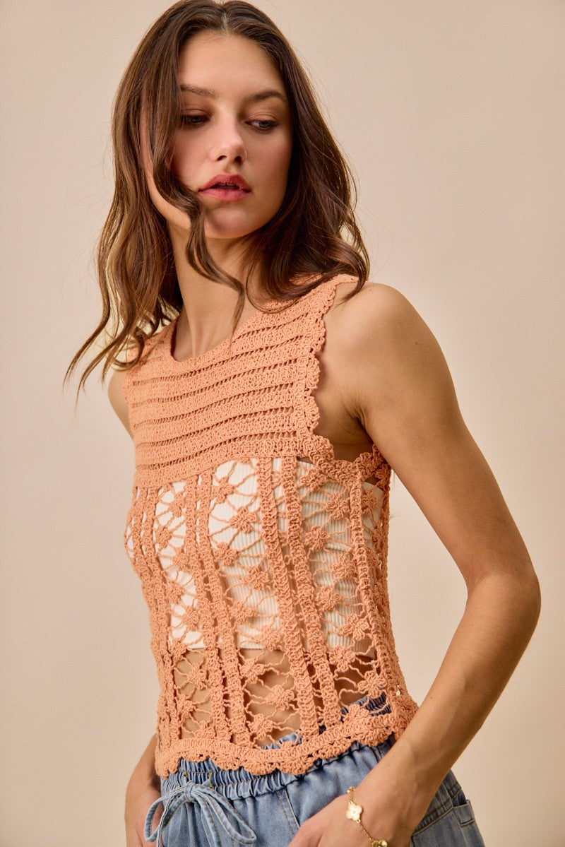 Peach So Me Crochet Knitted Lace Sweater Tank Top