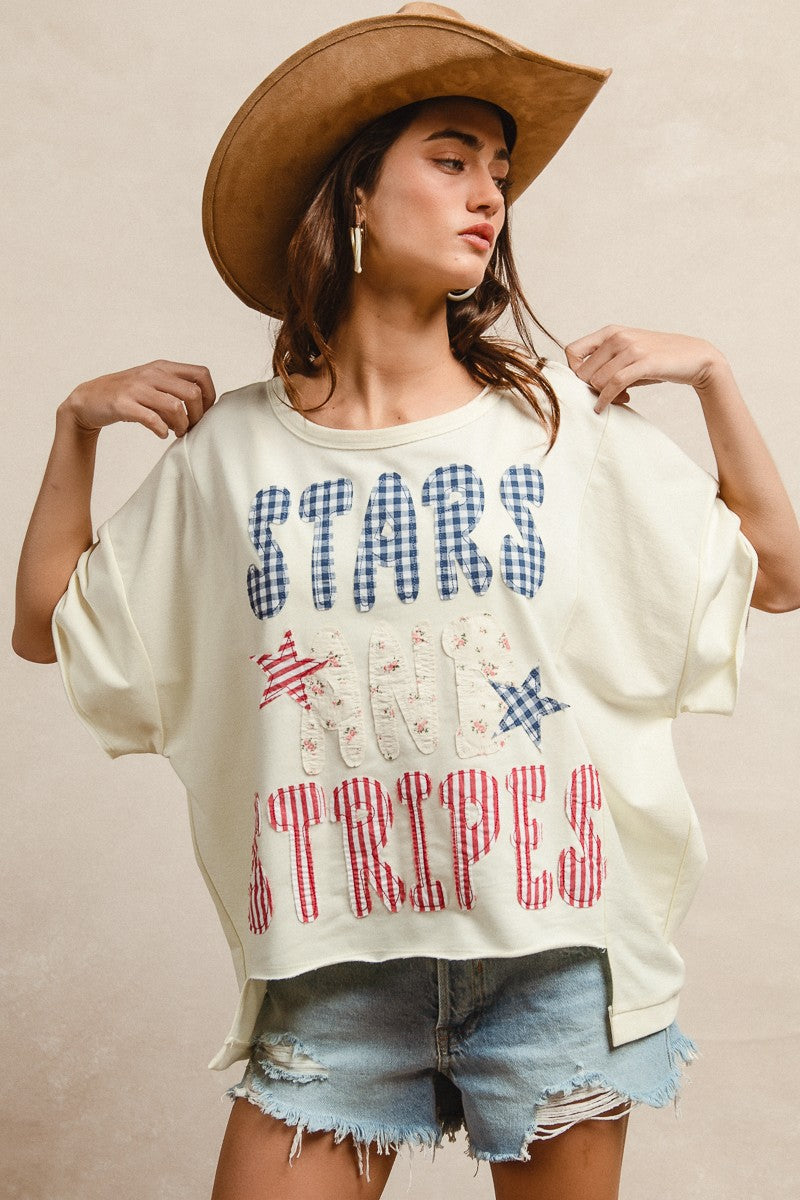 Cream Bibi Mix And Match Stars And Stripes Patchwork Short Sleeve T Shirt