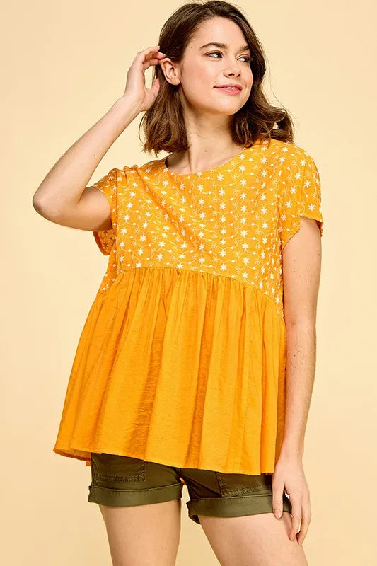 Lime N Chili Embroidered Short Sleeve Pleated Babydoll Top