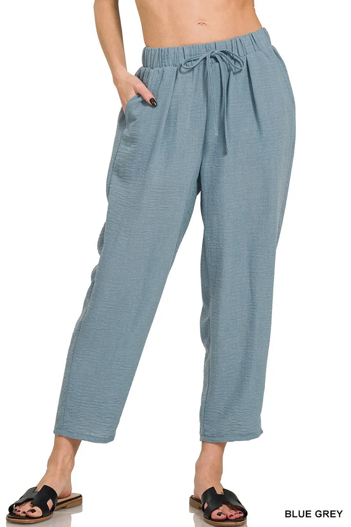 Blue Grey Zenana Woven Crepe Elastic Band Waist Pants 4