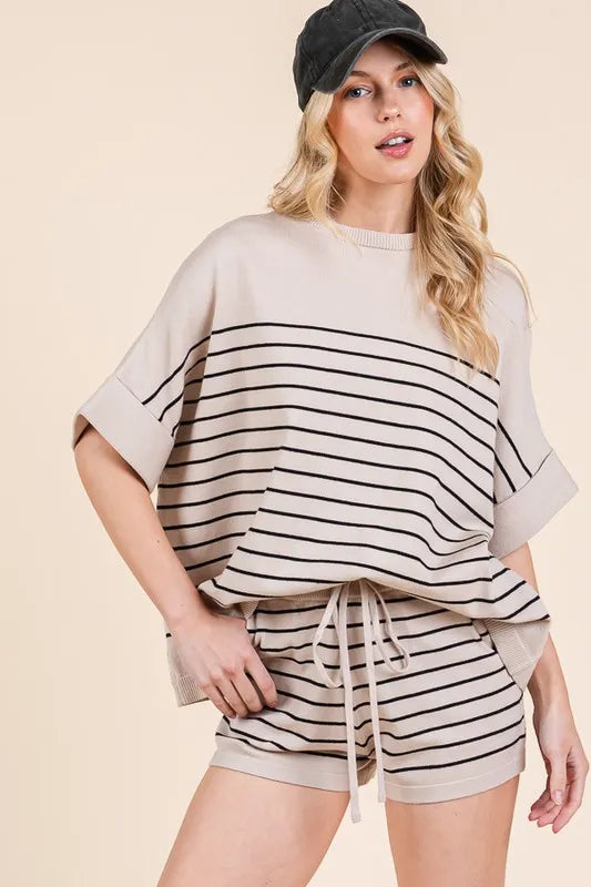 Taupe Combo Lime N Chili Striped Folded Half Sleeve Top And Shorts Set