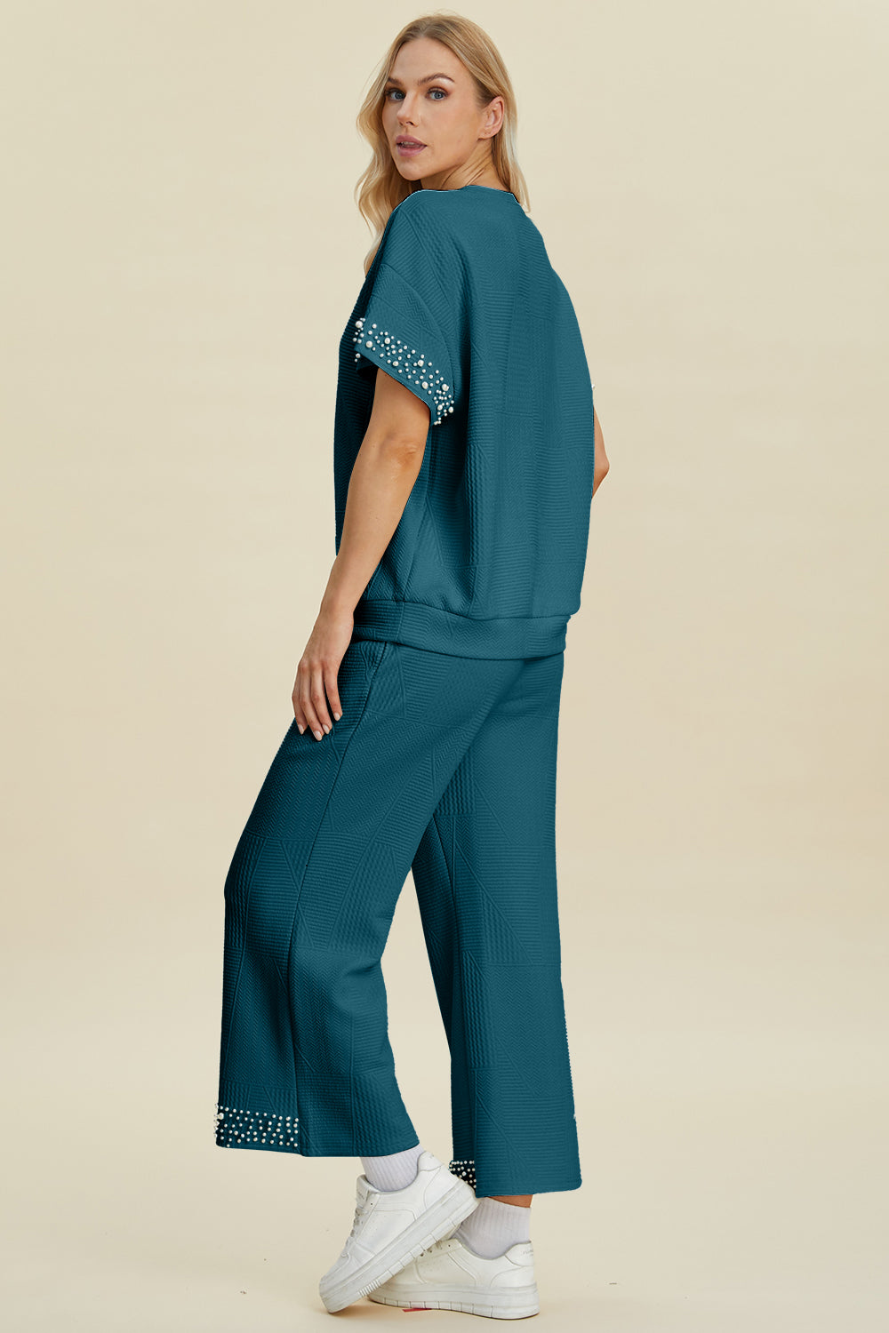 Deep Teal Double Take Full Size Pearl Detail Round Neck Top And Pants Set