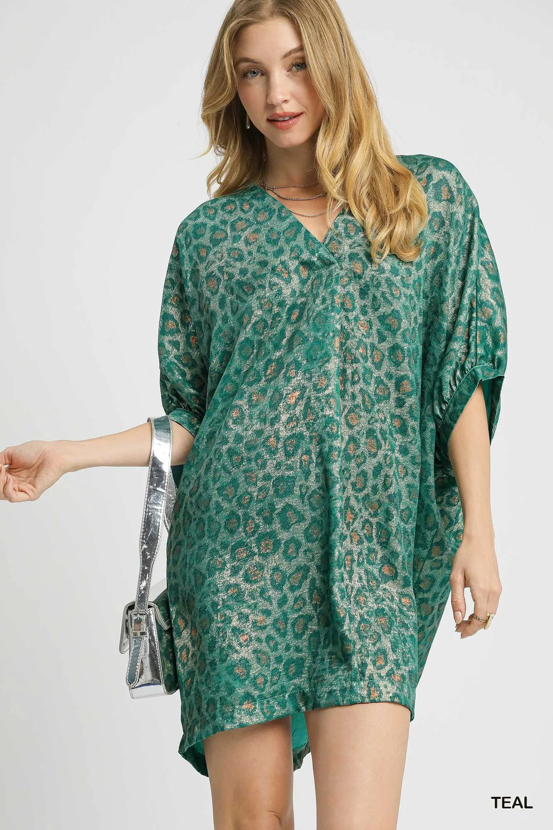 Teal Umgee Metallic Leopard Print V Neck Kimono Dress 1