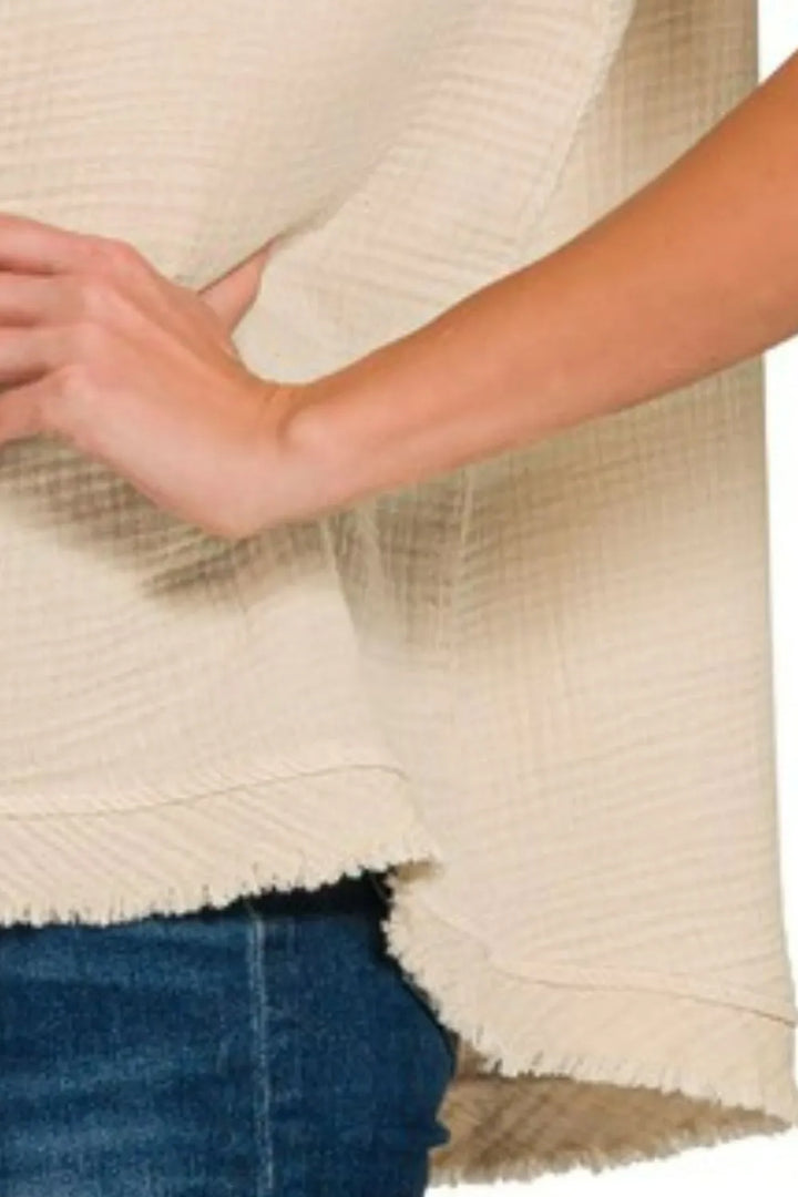 Sand Beige Zenana Double Gauze Raw Edge V Neck Tank