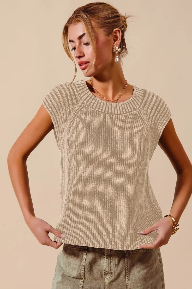 Vintage Taupe So Me Mineral Washed Raglan Sleeveless Sweater Top