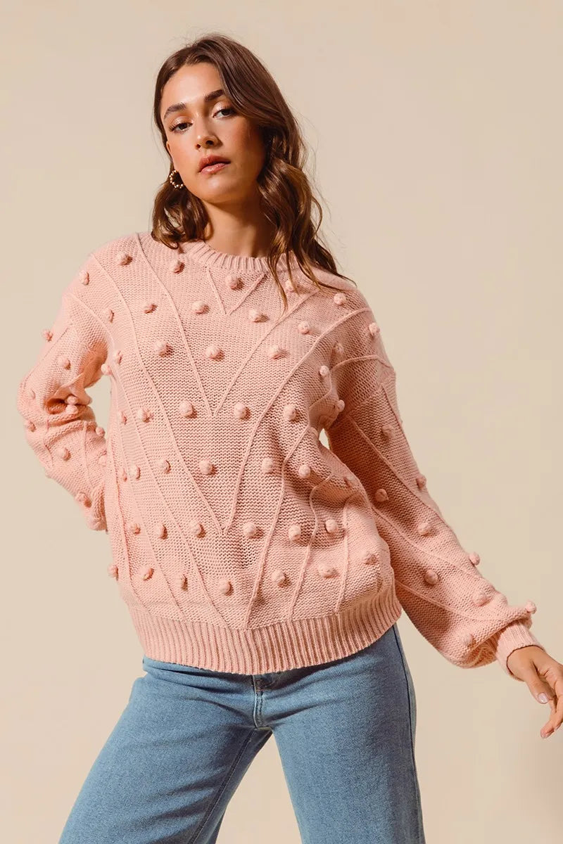 Blush So Me Pom Pom Textured Knit Sweater Top