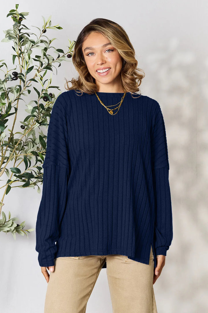 Dark Blue Basic Bae Full Size Ribbed Round Neck Slit Knit Top