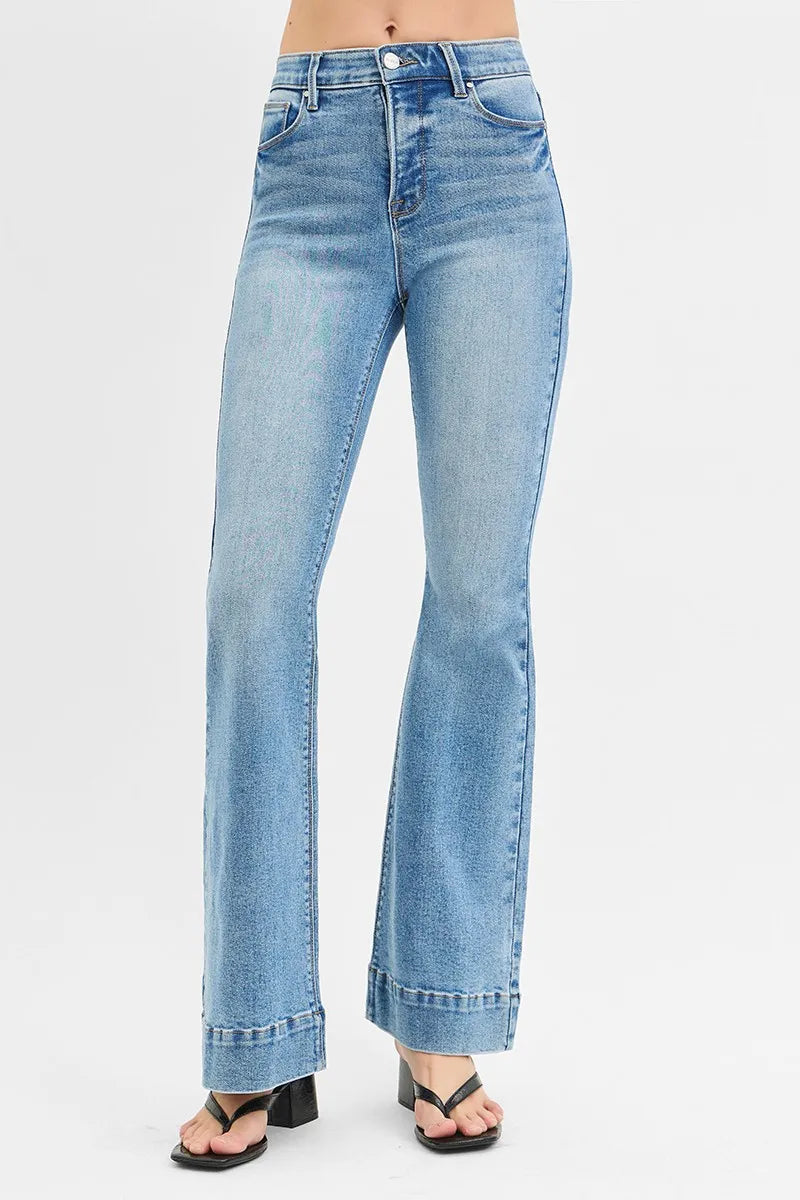 Medium Risen Full Size Tummy Control Elastic Band High Rise Flare Jeans Plus Size