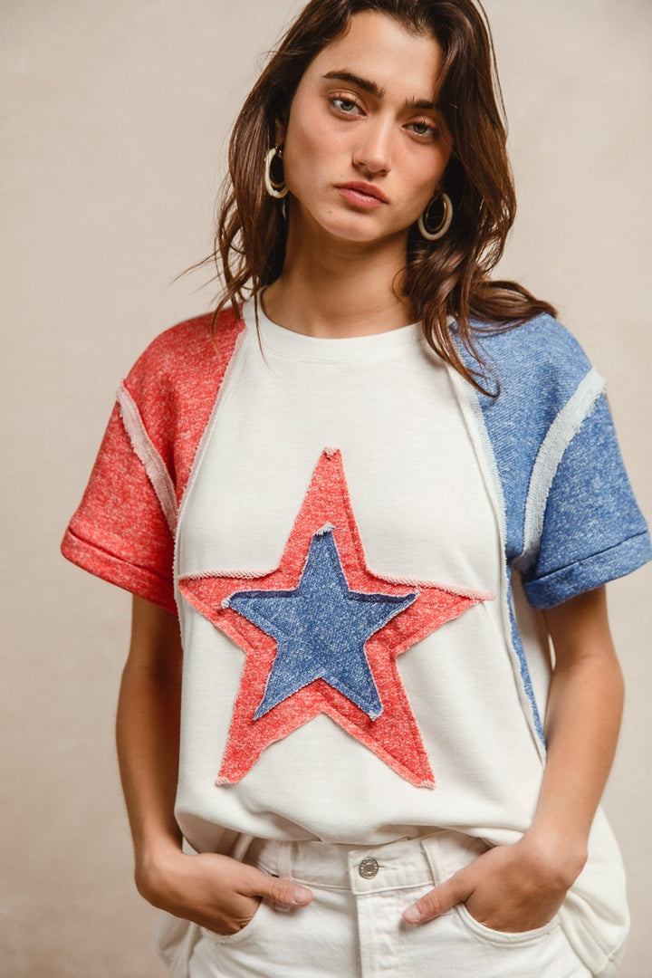 Bibi Contrast French Terry Cut Edge Detail Fourth Of July Theme T Shirt