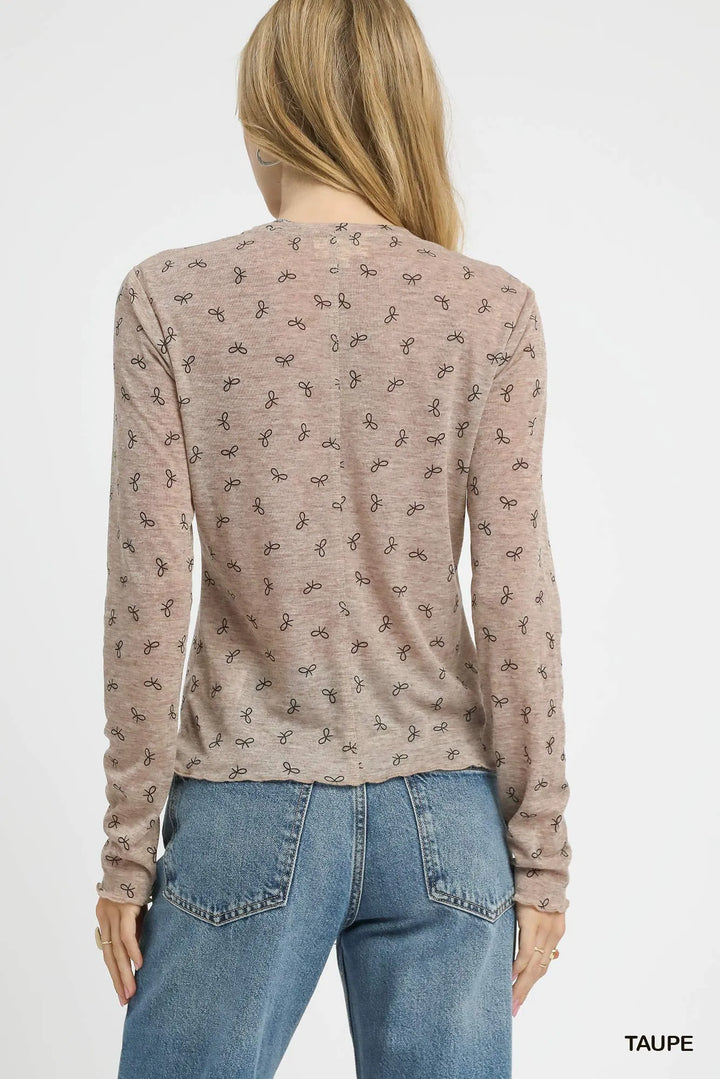 Taupe Umgee Bow Print Lightweight Knit Top