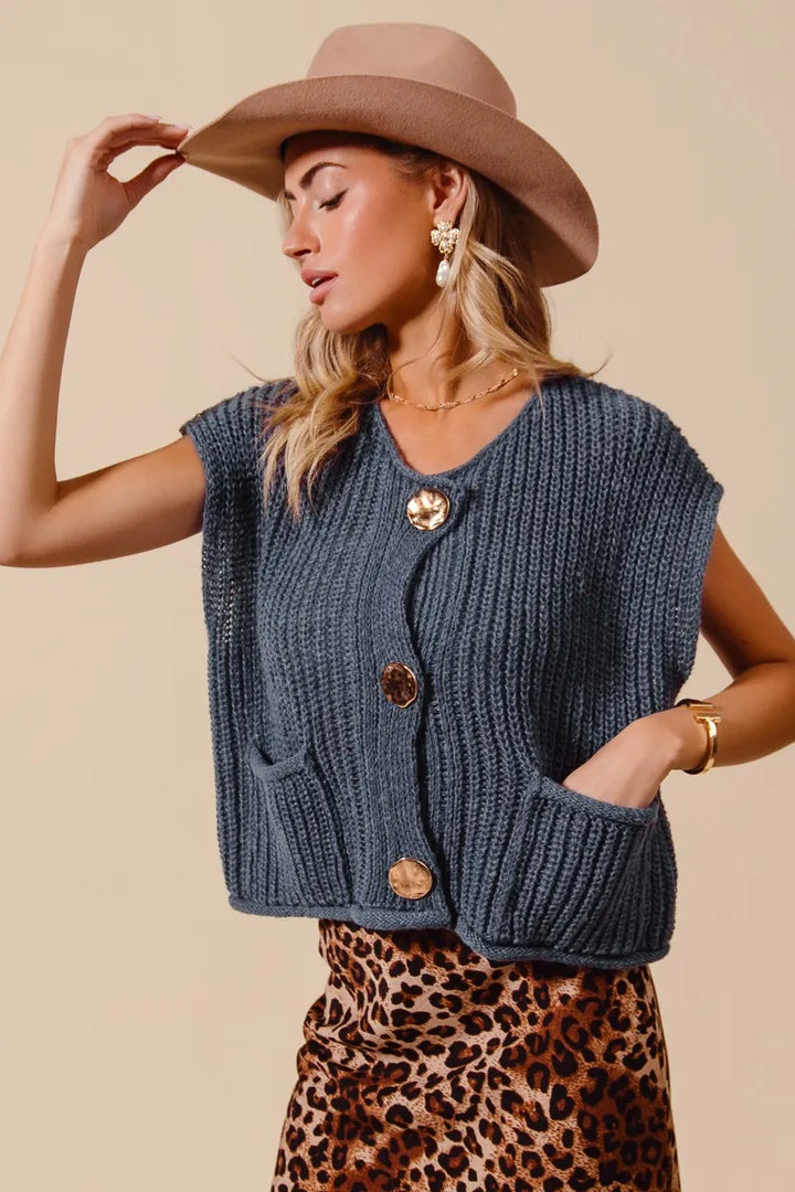 Midnight Blue So Me Big Metal Button Front Sweater Vest 2