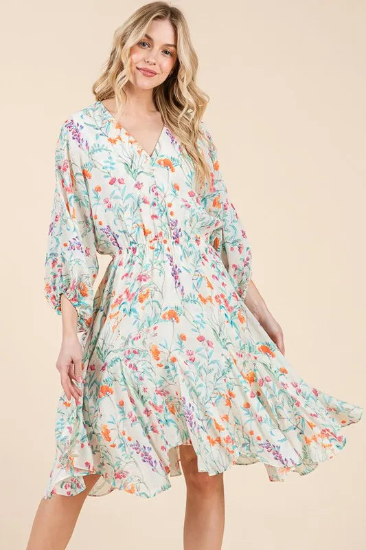 Ivory Floral Lime N Chili Floral Cinched Waist Balloon Sleeve V Neck Dress
