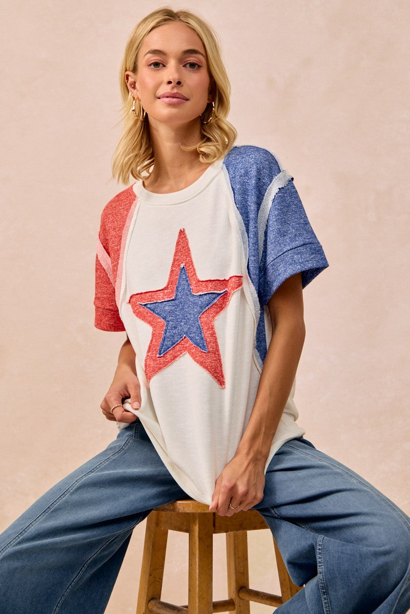White/Red/Navy Bibi Contrast French Terry Cut Edge Detail Fourth Of July Theme T Shirt
