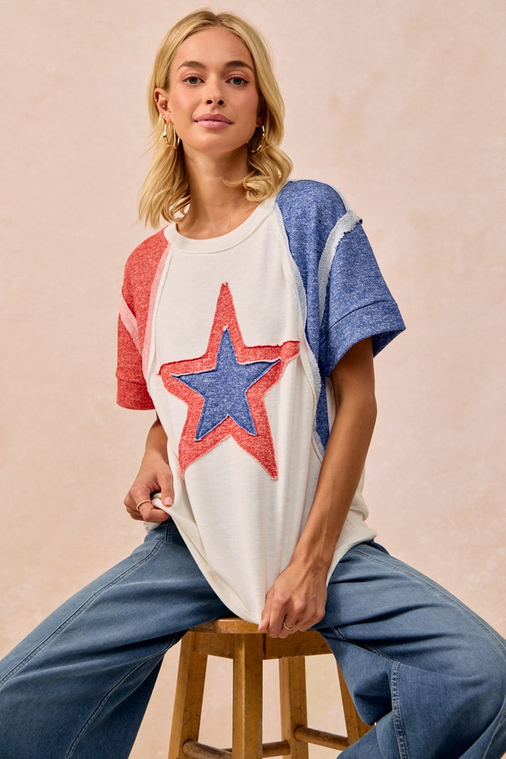 White/Red/Navy Bibi Contrast French Terry Cut Edge Detail Fourth Of July Theme T Shirt