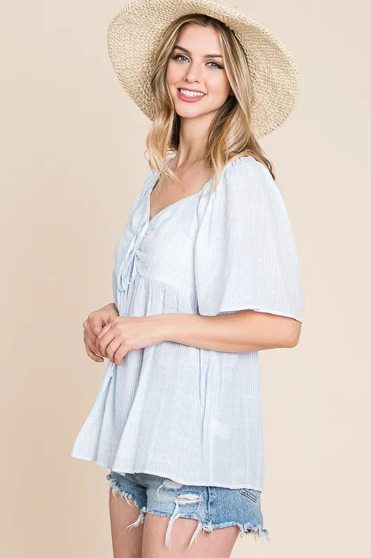 Sky Blue Lime N Chili Thin Striped With Tie Front Babydoll Top