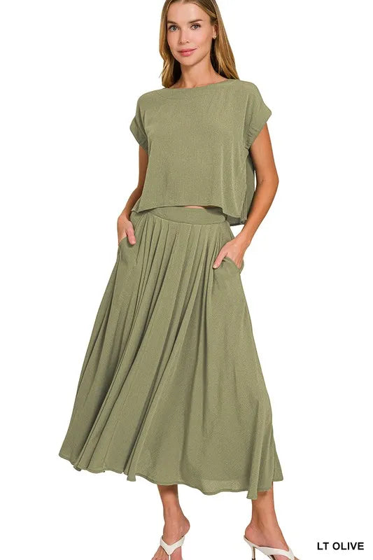 Lt Olive Zenana Woven Crinkle Gauze Crop Tee And Skirt Set 4